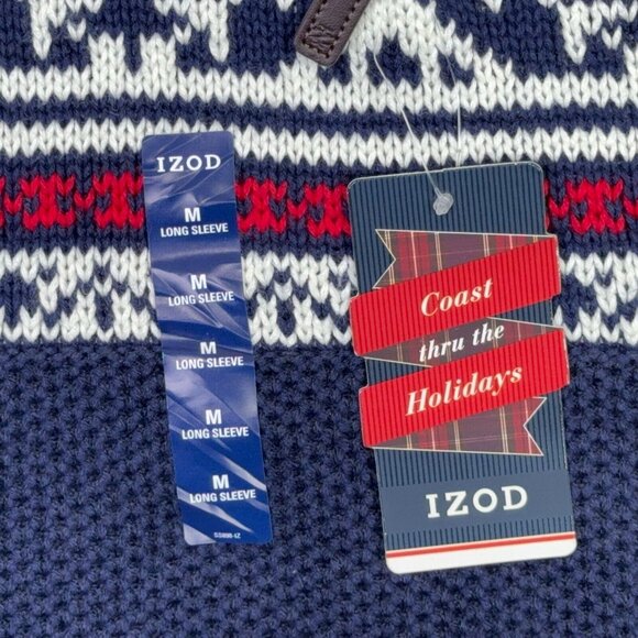 Izod 1/4 Zip Sweater Mens M Nordic Print Mock Collar Navy Blue Holiday Christmas - Picture 10 of 11